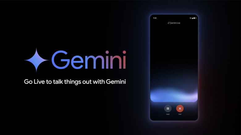 Promo image for Google's Gemini Live. An Android phone showing the Gemini Live screen. Text: 