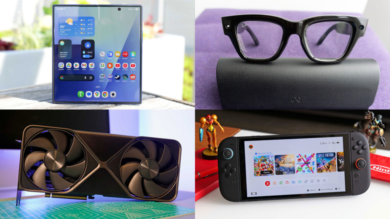 Clockwise from top right: Meta Ray-Ban Display, Nintendo Switch 2, NVIDIA GeForce RTX 5090 and Samsung Galaxy Z Fold 7