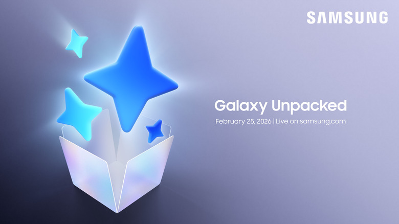 An illustration of the Galaxy AI star logo bursting out of a translucent box with the text "Galaxy Unpacked" next to it.