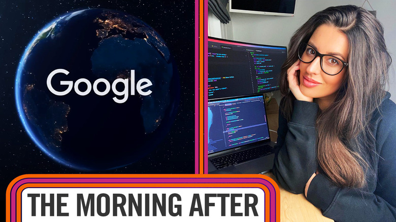 The Morning After video lead image showing an image of Earth with the Google logo over it, alongside a woman in front of a computer monitor, both overlaid with 