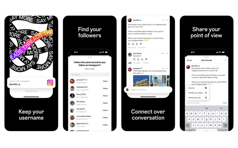 Screenshots of the iPhone screen showing a new app called Threads by Meta.