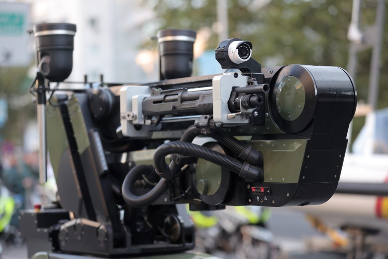 MADRID, SPAIN - OCTOBER 12: Detail of a bomb disposal robot during the solemn act of homage to the national flag and military parade on Columbus Day, on 12 October, 2021 in Madrid, Spain. The improvement of the health situation has allowed the traditional parade for 12 October, which last year had to be replaced by an austere static act in the courtyard of the Royal Palace, without public and a reduced participation of military units, to be held again. A total of 2,656 military personnel, 68 aircraft including planes and helicopters and 115 vehicles are taking part in this year's parade. (Photo By Eduardo Parra/Europa Press via Getty Images)