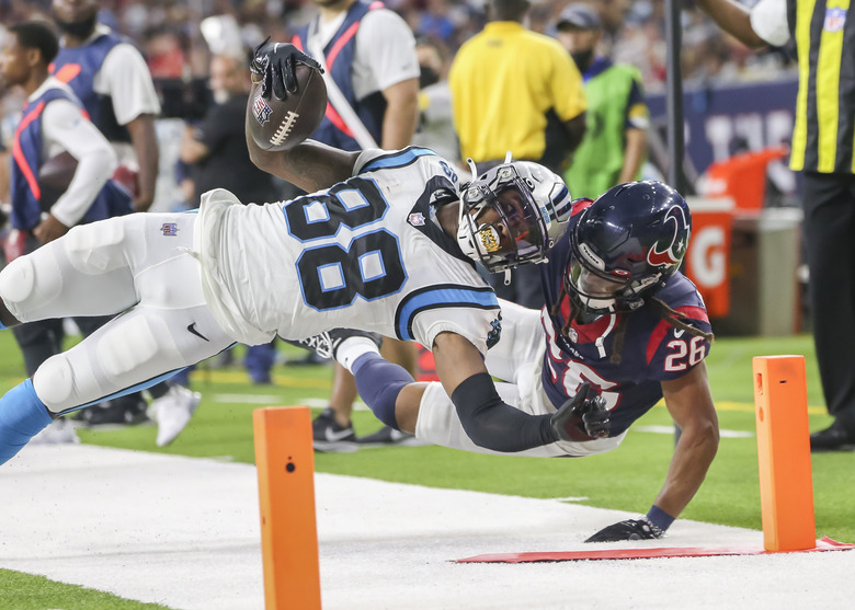 HOUSTON, TX - SEPTEMBER 23:  Carolina Panthers wide receiver Terrace Marshall Jr. (88) dives toward the corner of the end zone during the football game between the Carolina Panthers and Houston Texans on September 23, 2021 at NRG Stadium in Houston, Texas.  (Photo by Leslie Plaza Johnson/Icon Sportswire via Getty Images)