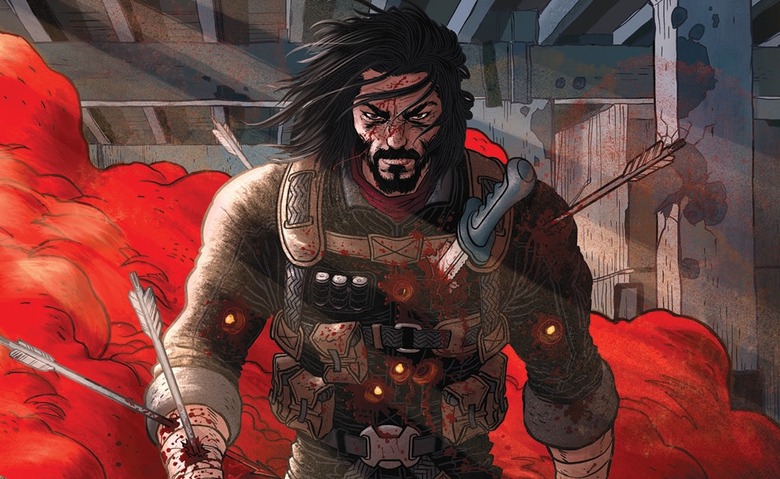 Cover art for an issue of BRZRKR showing the main character walking forward with multiple arrows and a knife sticking out of his body