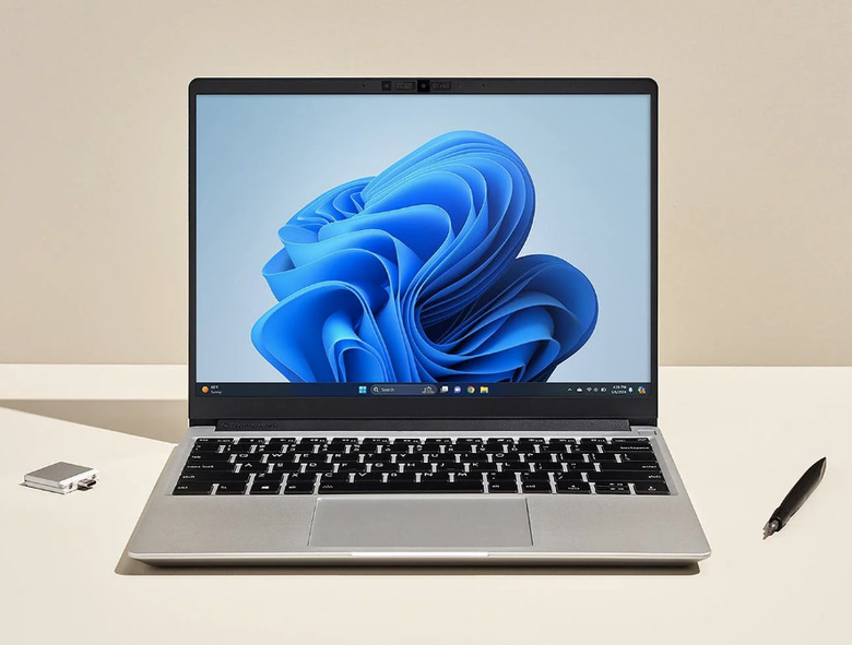 A laptop on a table.