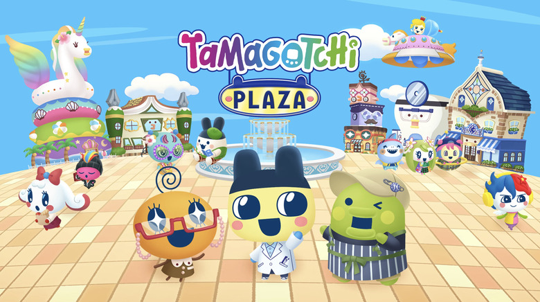 Cover art for the Nintendo Switch Game Tamagotchi Plaza, showing the characters Memetchi, Mametchi and Kuchipatchi standing at a village center, with other characters and buildings in the background