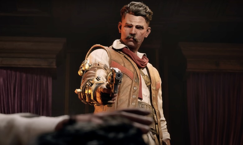 A still from the steampunk RPG Clockwork Revolution showing a man with a curly mustache pointing a gun down at a crouching person