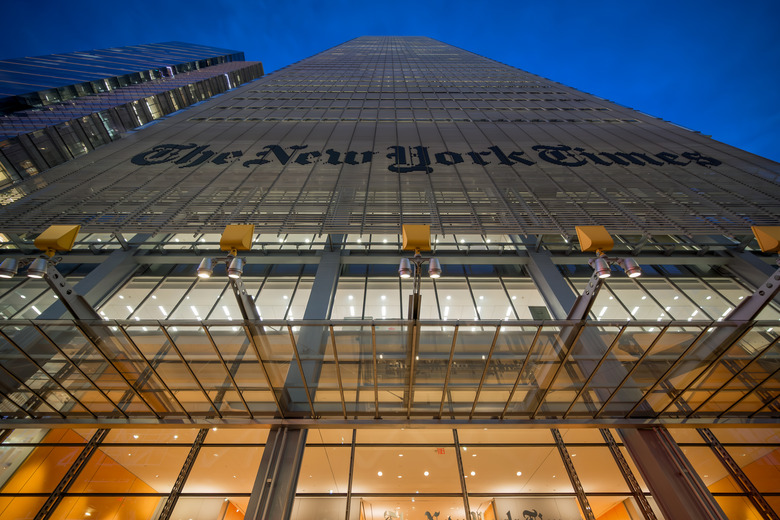 MANHATTAN, NEW YORK, UNITED STATES - 2024/11/06: Marquee at the main entrance to the New York Times Headquarters  building in Manhattan. (Photo by Erik McGregor/LightRocket via Getty Images)