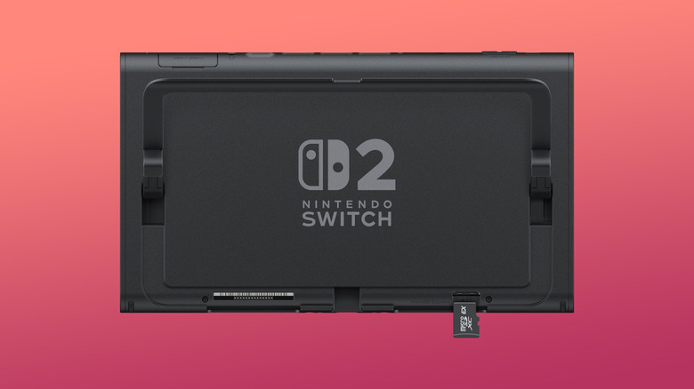 The back of a Nintendo Switch 2 console, with a small black microSD Express card jutting out of its SD slot.