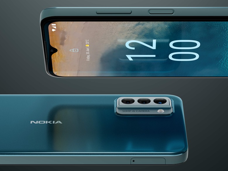 Two Nokia G22 phones positioned horizontally. The one on top has the screen angled toward the viewer, showing a camera notch and volume and power buttons. On the bottom is a look at the phone's rear, with a triple camera array and the SIM tray on the side.