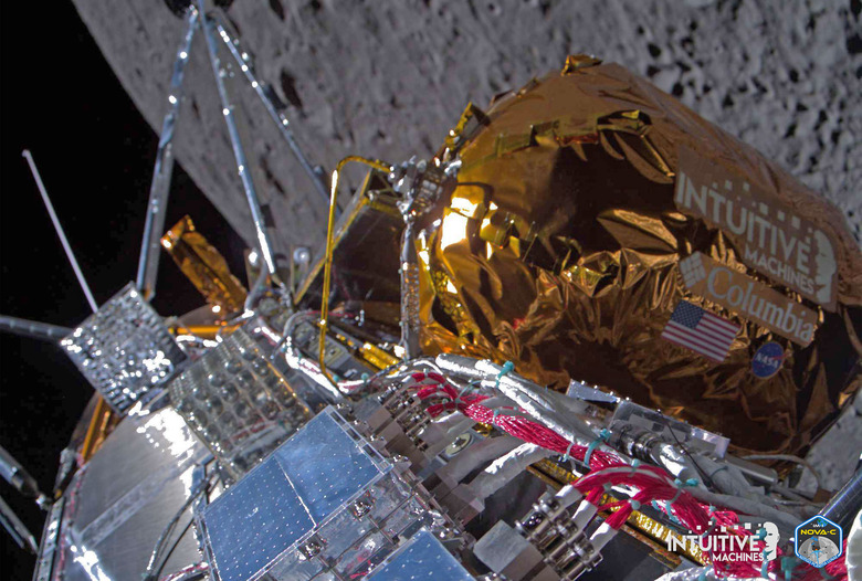 A POV photo by Intuitive Machines' Odysseus lander from what appears to be right before it touched down on the moon as the surface is very close.