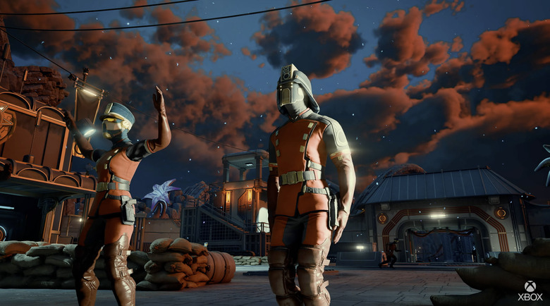 A screenshot of soldiers doing jumping jacks from The Outer Worlds 2.
