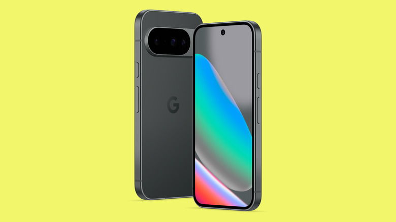 The Google Pixel 10 (two phones, one front-facing, the other back-facing) against a yellow background.