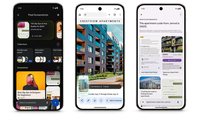 Three phones laid out side-by-side, each showing a different page of the Screenshots app on its screen. The leftmost one shows the Pixel Screenshots app home page in dark mode, the middle shows a screenshot of a website after it's captured and the right shows some screenshots in the new app and the words 