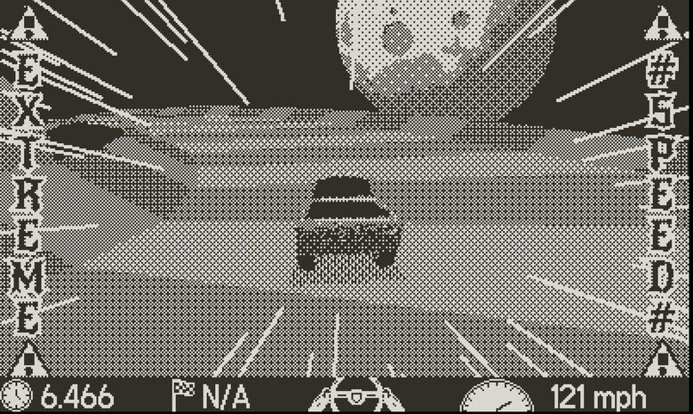 A still from the Playdate game Jump Truck showing a pickup truck on a winding race track with speed lines all around it, and the moon in the distance ahead