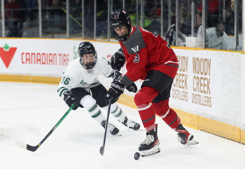 Ottawa's Zoe Boyd and Boston's Loren Gabel of the Professional Women's Hockey League (PWHL) struggle for the puck during first period action in Ottawa, Ontario, Canada January 24, 2024. REUTERS/Patrick Doyle