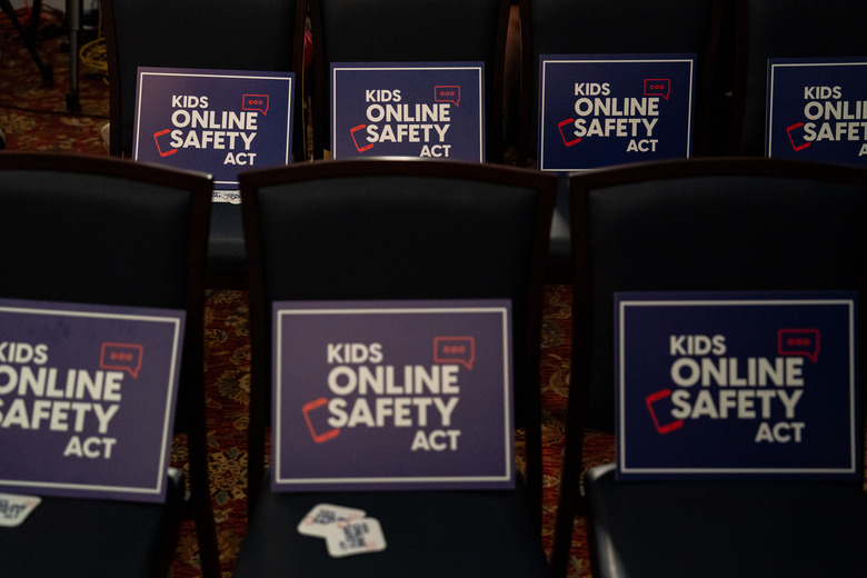 WASHINGTON, DC - JULY 25: Signs in support of the Kids Online Safety Act are seen on chairs ahead of a news conference with Sens. Richard Blumenthal (D-CT) and Marsha Blackburn (R-TN) along with Parents of families who have experienced online abuse the U.S. Capitol on July 25, 2024 in Washington, DC. Proponents of the bipartisan Kids Online Safety Act, say the bill aims to protect children from online harms for the first time since 1998. It has support from parents' groups, advocacy organizations, and companies like Microsoft, X, and Snap.(Photo by Kent Nishimura/Getty Images)