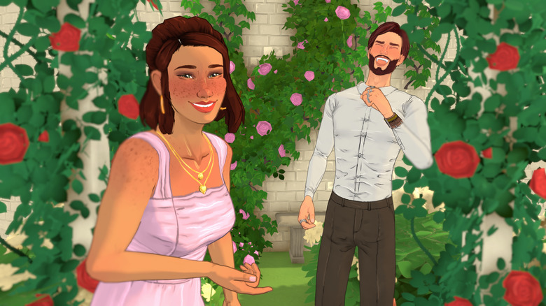 Two virtual characters are laughing. They're in a beautiful outdoor gazebo, perhaps having just married.