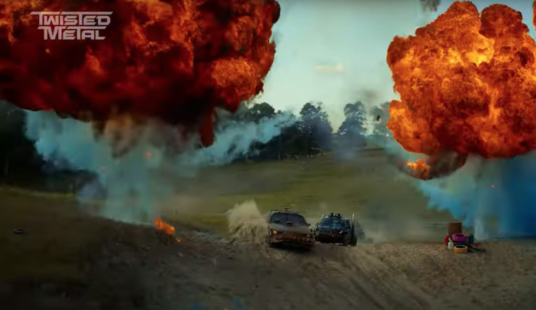 A shot from the show showing car combat.