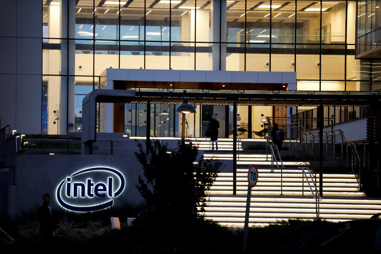 FILE PHOTO: U.S. chipmaker Intel Corp's logo is seen at the entrance to their 