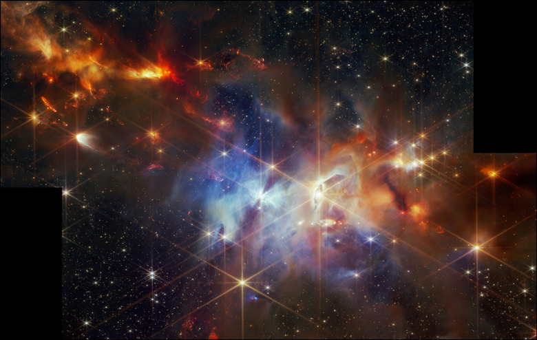 Space image, showing forming stars in the Serpens Nebula. Red, orange, blue, black, diffraction spikes.