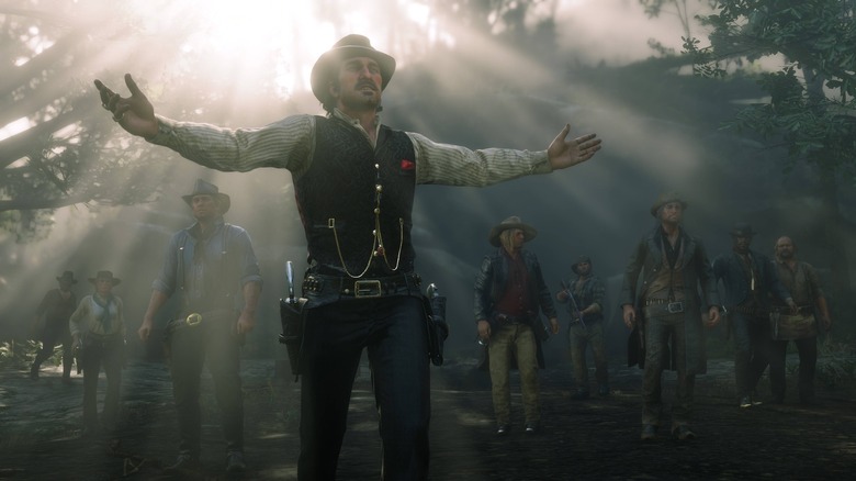 Dutch van der Linde walking and spreading his arms in Red Dead Redemption 2.