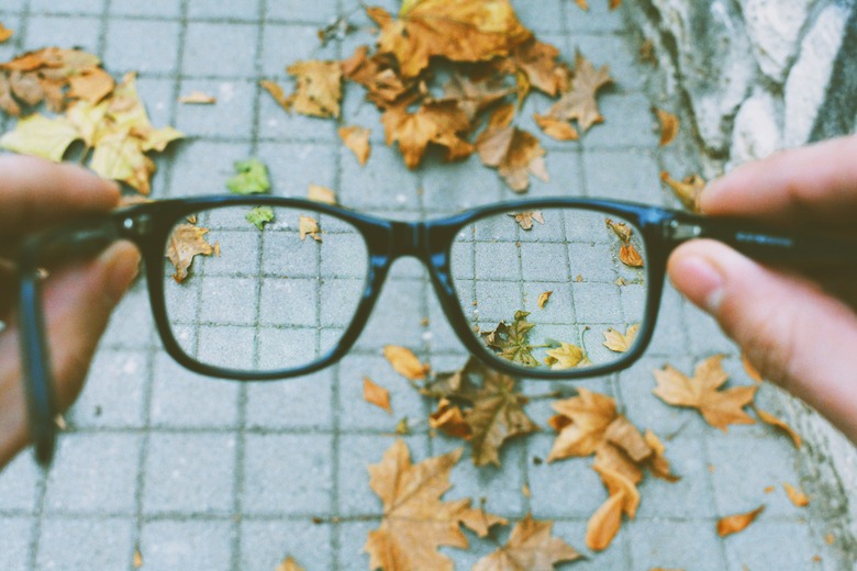 First-person view of holding glasses. A blurred view of leaves on the ground is clearer through the lenses.