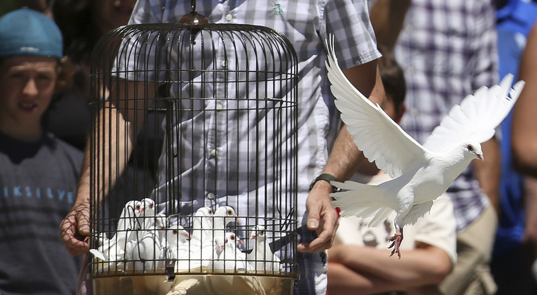 Doves are released after a minute of silence at the Sainte-Agnes church in Lac Megantic, July 13, 2013. The crude oil freight train that derailed and blew up in the small town of Lac-Megantic early on Saturday morning was traveling far too fast when it went off the rails, investigators told reporters on Tuesday.  REUTERS/Mathieu Belanger (CANADA - Tags: DISASTER TRANSPORT TPX IMAGES OF THE DAY)