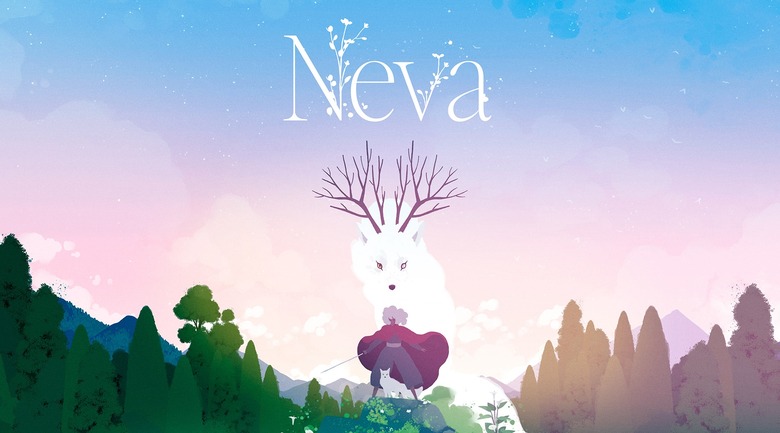 Promotional art for the game Neva showing a woman with a sword standing in front of a white wolf who has branch-like horns