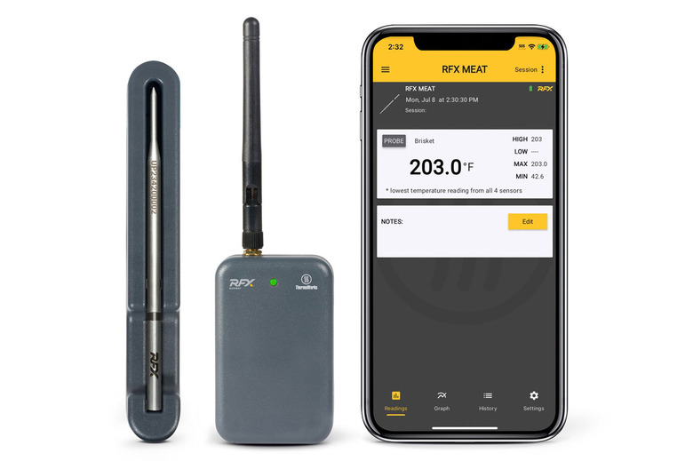 ThermoWorks RFX Meat uses radio waves to send temperature stats to a cloud connected device and your phone. 