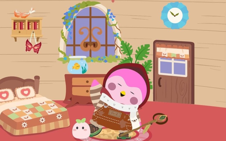A screenshot from the Finch self-care app showing a pink cartoon bird dressed in a red hood, brown striped shirt and brown overalls waving hello in a treehouse room
