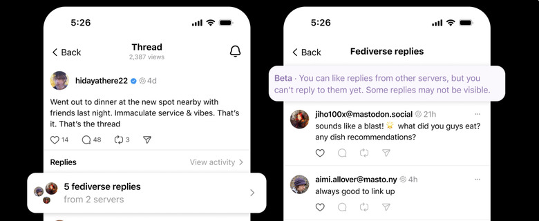 Threads will now show replies from the fediverse.