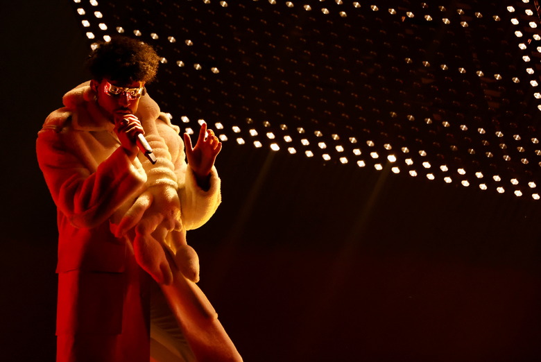 Puerto Rican rapper Bad Bunny performs at the 2021 Billboard Music Awards at Microsoft Theater in Los Angeles, California, U.S., May 21, 2021. Picture taken May 21, 2021.  REUTERS/Mario Anzuoni FOR EDITORIAL USE ONLY