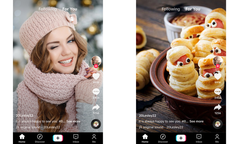 Collage of two TikTok Lite screenshots side-by-side. On the left, a person wearing fashionable winter gear winks at the camera. On the right, pastries designed to look like little Muppets.