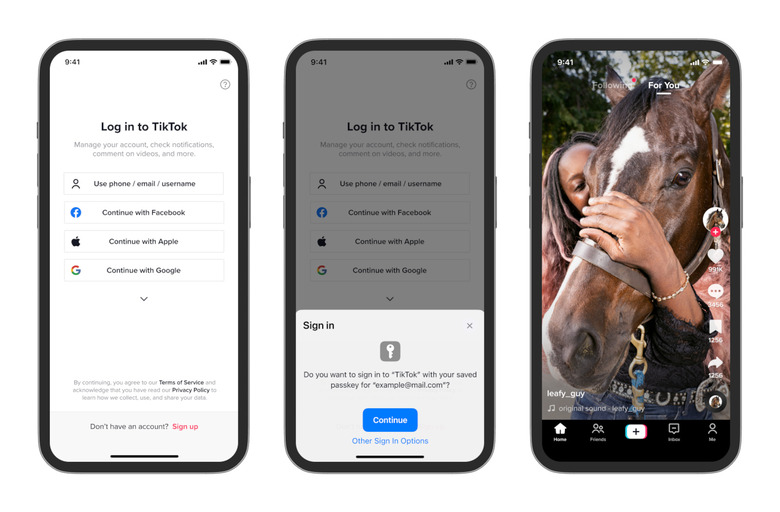 Screenshots of an iPhone screen with the TikTok login page showing passkey support.