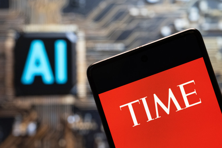 CHINA - 2023/11/03: In this photo illustration, the American weekly news magazine and news website Time logo seen displayed on a smartphone with an Artificial intelligence (AI) chip and symbol in the background. (Photo Illustration by Budrul Chukrut/SOPA Images/LightRocket via Getty Images)