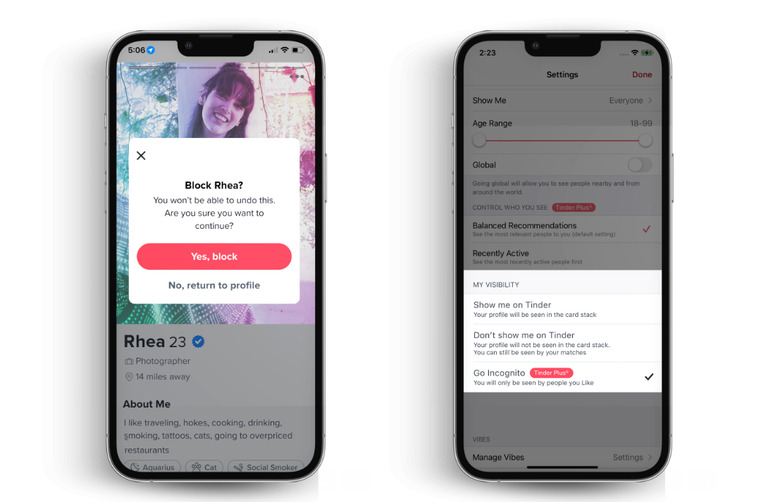 Screenshots of the Tinder app showing a feature that allows users to block another person and a way to activate an incognito mode.