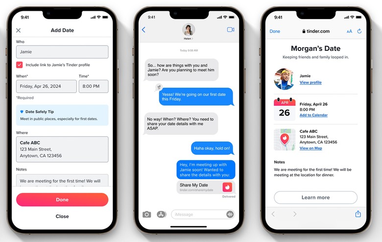 Screenshots of Tinder's Share My Date feature, showing someone arranging a date with a match. The person provides a loved one with their date's photo and other details about the meeting.
