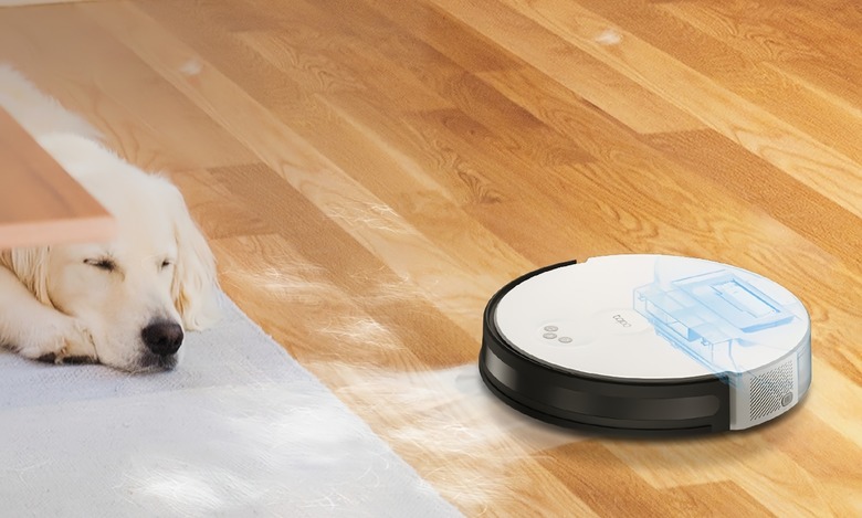 Marketing photo of the Tapo RV10 Lite robot vacuum cleaning next to a sleeping golden retriever .
