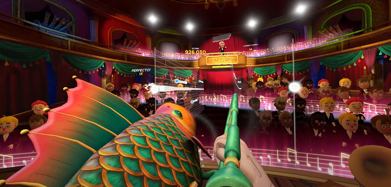 A trombone with a fish attached is played from a first-person perspective on stage in front of a virtual audience.