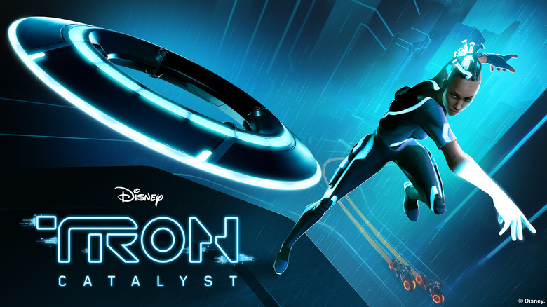 Exo from Tron: Catalyst throwing an Identity Disk while Light cycles drive by below.