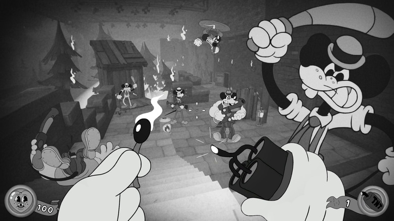 Still from the game Mouse: P.I. for Hire. The first-person character's hands light a stick of dynamite. Various cartoon enemies attack. Monochrome.