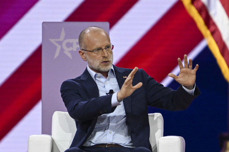 MARYLAND, UNITED STATES - FEBRUARY 24: Commissioner of the Federal Communications Commission Brendan Carr speaks during the 2024 Conservative Political Action Conference (CPAC) in National Harbor, Maryland, United States on February 24, 2024. (Photo by Celal Gunes/Anadolu via Getty Images)