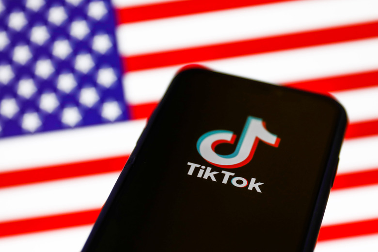 TikTok logo displayed on a phone screen is seen with American flag in the background in this illustration photo taken on September 21, 2020 in Krakow, Poland. (Photo Illustration by Jakub Porzycki/NurPhoto via Getty Images)