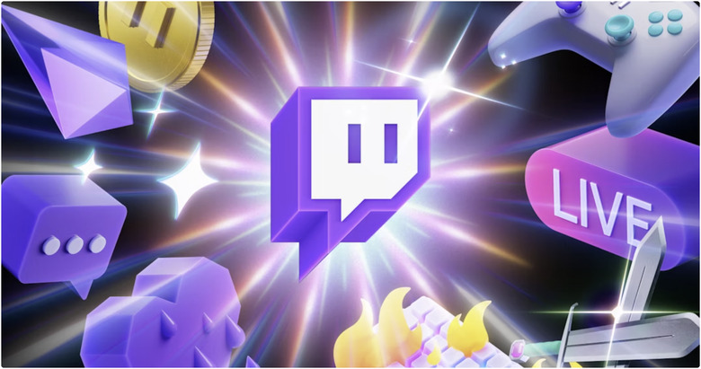 A Twitch logo surrounded by chat bubbles, coins, bits, a game controller, and swords.