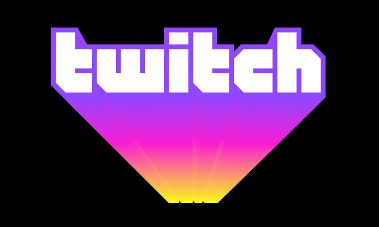 Twitch logo: white retro lettering with a purple / pink / yellow-gradient tail suggesting upward and forward motion.