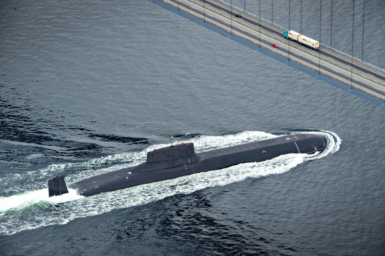 The Russian nuclear submarine Dmitry Donskoy sails under the Great Belt Bridge in Denmark  July 21, 2017, on its way to Saint Petersburg to participate in a naval parade. Scanpix Denmark/Sarah Christine Noergaard via Reuters ATTENTION EDITORS - THIS IMAGE WAS PROVIDED BY A THIRD PARTY. DENMARK OUT.
