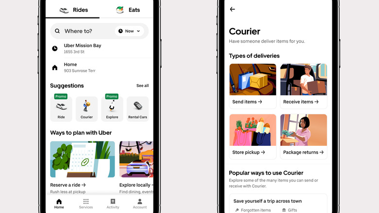 Two phone screenshots showing the Uber app’s Courier section for local deliveries.