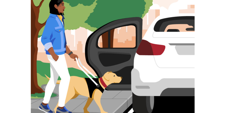 An Uber promo image for a new feature for service animal handlers. A person with a leashed dog approaches a car with an open door. 
