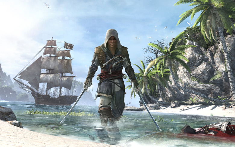 A computer graphic image of a man wearing a hood, holding two swords in knee-deep waters with a ship in the background.
